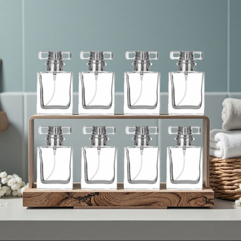 Set de 8 sticluțe de parfum din sticlă, cu formă pătrată și capac Tip-T