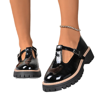 Λοφέρς με στρογγυλή μύτη, PU άνω μέρος, κούμπωμα με αγκράφα, μεσαίο ύψος τακουνιού 3-6 εκ, σόλα από καουτσούκ