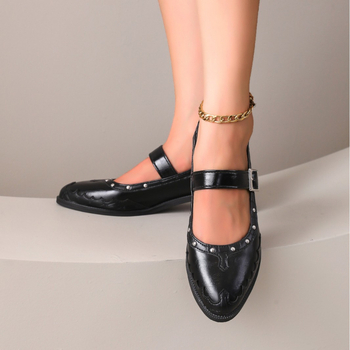 Γυναικεία slip-on παπούτσια με στρογγυλή μύτη, κούμπωμα με αγκράφα, PU πάνω, καουτσούκ σόλα, μεσαίου ύψους τακούνι 3–5 cm