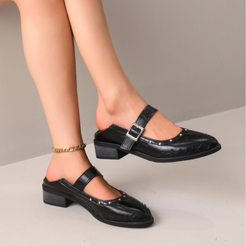 Γυναικεία slip-on παπούτσια με στρογγυλή μύτη, κούμπωμα με αγκράφα, PU πάνω, καουτσούκ σόλα, μεσαίου ύψους τακούνι 3–5 cm