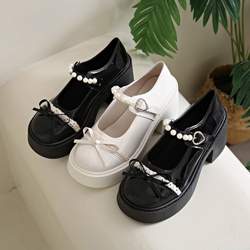 Λουφέρ με στρογγυλή μύτη, κορεατικό στυλ, PU επάνω μέρος, καουτσούκ σόλα, slip-on, μεσαίου ύψους τακούνι 3–5 εκ