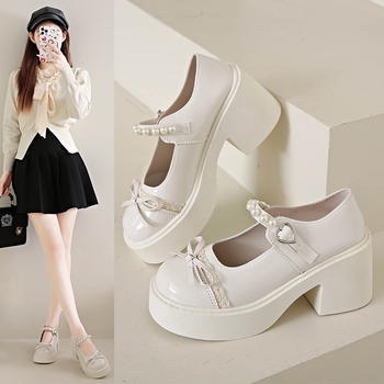 Λουφέρ με στρογγυλή μύτη, κορεατικό στυλ, PU επάνω μέρος, καουτσούκ σόλα, slip-on, μεσαίου ύψους τακούνι 3–5 εκ