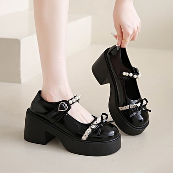 Λουφέρ με στρογγυλή μύτη, κορεατικό στυλ, PU επάνω μέρος, καουτσούκ σόλα, slip-on, μεσαίου ύψους τακούνι 3–5 εκ