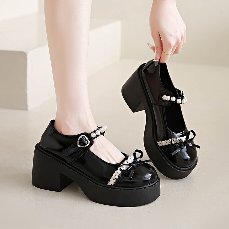 Λουφέρ με στρογγυλή μύτη, κορεατικό στυλ, PU επάνω μέρος, καουτσούκ σόλα, slip-on, μεσαίου ύψους τακούνι 3–5 εκ