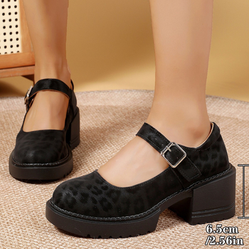 Γυναικείοι loafers με στρογγυλή μύτη, υφασμάτινο άνω μέρος, λεοπάρ σχέδιο, χωρίς κορδόνια, μεσαίο ύψος τακουνιού 3-5 εκ