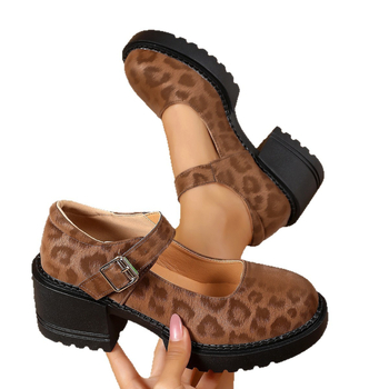 Γυναικείοι loafers με στρογγυλή μύτη, υφασμάτινο άνω μέρος, λεοπάρ σχέδιο, χωρίς κορδόνια, μεσαίο ύψος τακουνιού 3-5 εκ