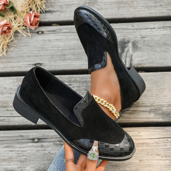 Γυναικείες loafers με στρογγυλή μύτη, χαμηλό τακούνι, slip-on στυλ, επάνω μέρος από microfiber, PU σόλα, μεσαίο άνοιγμα, κορεατικό στιλ, χοντρό τακούνι