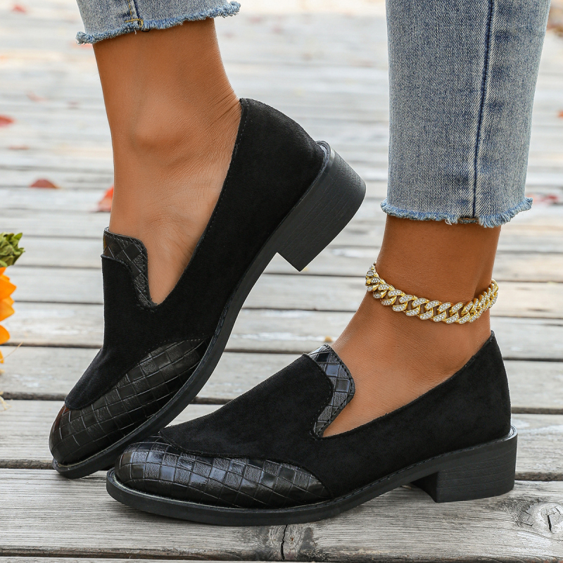 Γυναικείες loafers με στρογγυλή μύτη, χαμηλό τακούνι, slip-on στυλ, επάνω μέρος από microfiber, PU σόλα, μεσαίο άνοιγμα, κορεατικό στιλ, χοντρό τακούνι