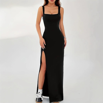 Suknelė su U formos iškirpte, be rankovių, patchwork dizainas, ilga suknelė, poliesterio-spandekso audinys