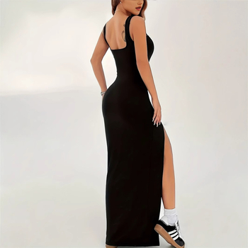 Φόρεμα με λαιμό U, χωρίς μανίκια, patchwork σχέδιο, μακρύ μήκος, ύφασμα πολυεστέρα-ελαστάν