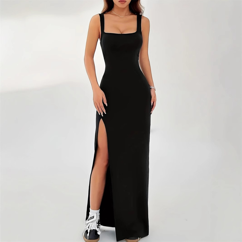 Suknelė su U formos iškirpte, be rankovių, patchwork dizainas, ilga suknelė, poliesterio-spandekso audinys