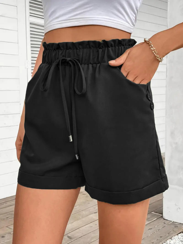 Moteriški kasdieniniai šortai iš poliesterio, trumpa kirpimo, klostuotas liemuo su raišteliu, tiesus kirpimas