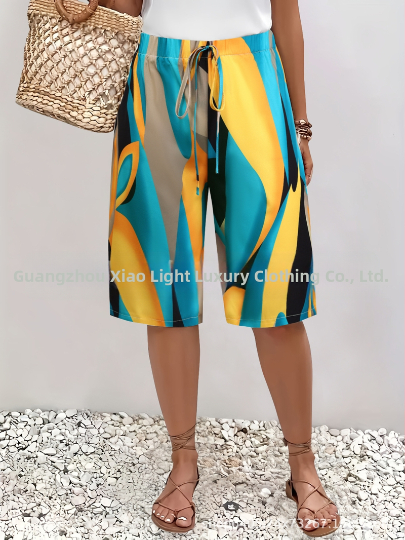 Moteriški vasaros šortai su spauda, vidutinio ilgio, Europos ir Amerikos kasdienio stiliaus, be elastano