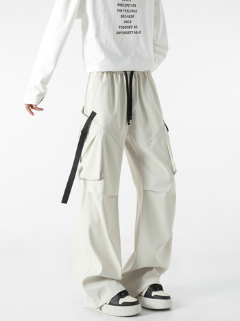 Παντελόνια εργασίας με πολλές τσέπες, ίσια γραμμή, μακρύ μήκος, ελαστική μέση με κορδόνι, τσέπες