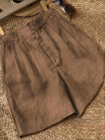 Vintage plačios šortai iš lino ir kanapių, aukštas liemuo, penkių taškų ilgis, pusiau laisvas kirpimas, moterų kasdienis retro stilius