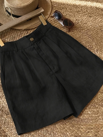 Къси панталони с широки крачоли от лен и коноп, висока талия, петточкова дължина, полусвободна кройка, ежедневен ретро стил