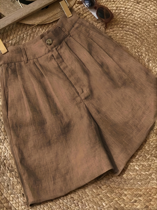 Vintage plačios šortai iš lino ir kanapių, aukštas liemuo, penkių taškų ilgis, pusiau laisvas kirpimas, moterų kasdienis retro stilius