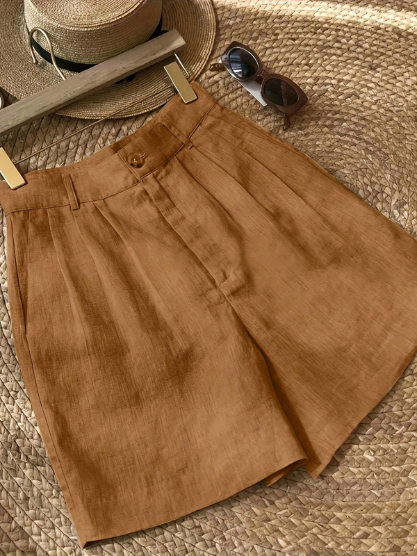 Vintage plačios šortai iš lino ir kanapių, aukštas liemuo, penkių taškų ilgis, pusiau laisvas kirpimas, moterų kasdienis retro stilius