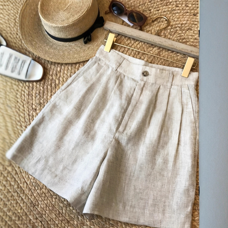 Vintage plačios šortai iš lino ir kanapių, aukštas liemuo, penkių taškų ilgis, pusiau laisvas kirpimas, moterų kasdienis retro stilius