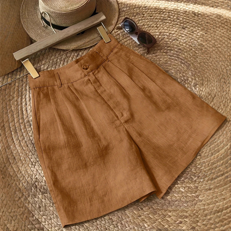 Vintage plačios šortai iš lino ir kanapių, aukštas liemuo, penkių taškų ilgis, pusiau laisvas kirpimas, moterų kasdienis retro stilius