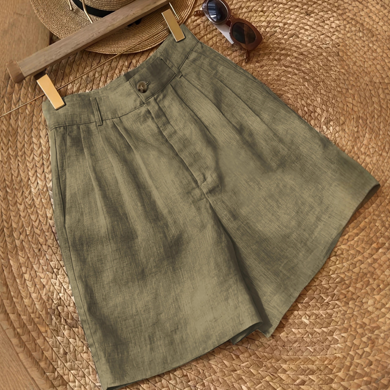 Vintage plačios šortai iš lino ir kanapių, aukštas liemuo, penkių taškų ilgis, pusiau laisvas kirpimas, moterų kasdienis retro stilius