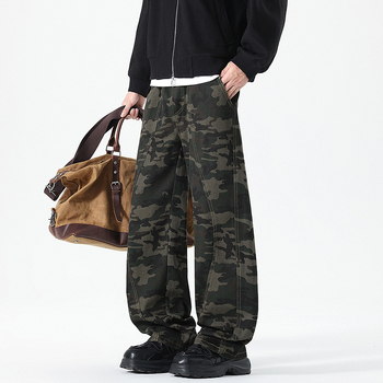 Мъжки камуфлажни дънкови панталони за работно облекло, свободни прави крачоли, ниска талия, цип, тънка модална смес от зайчи косми