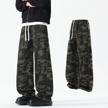 Мъжки камуфлажни дънкови панталони за работно облекло, свободни прави крачоли, ниска талия, цип, тънка модална смес от зайчи косми