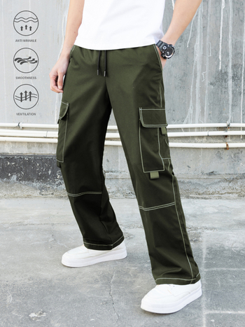 Korėjietiško stiliaus laisvos tiesios darbo kelnes, 100% poliesteris, raištelių užsegimas, ilgos kelnes