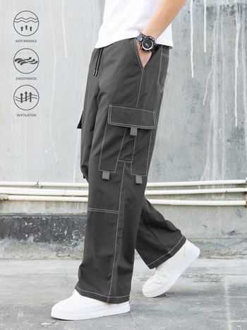 Κορεατικό στυλ χαλαρά παντελόνια εργασίας με ίσια γραμμή, 100% πολυεστέρας, κορδόνι κλεισίματος, μακριά παντελόνια