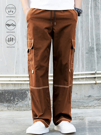 Κορεατικό στυλ χαλαρά παντελόνια εργασίας με ίσια γραμμή, 100% πολυεστέρας, κορδόνι κλεισίματος, μακριά παντελόνια