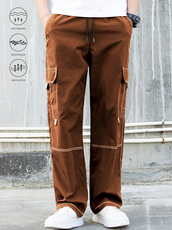 Korėjietiško stiliaus laisvos tiesios darbo kelnes, 100% poliesteris, raištelių užsegimas, ilgos kelnes