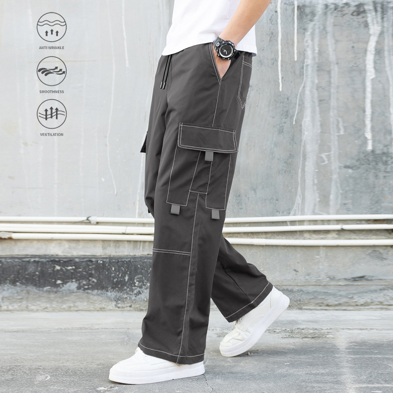 Korėjietiško stiliaus laisvos tiesios darbo kelnes, 100% poliesteris, raištelių užsegimas, ilgos kelnes