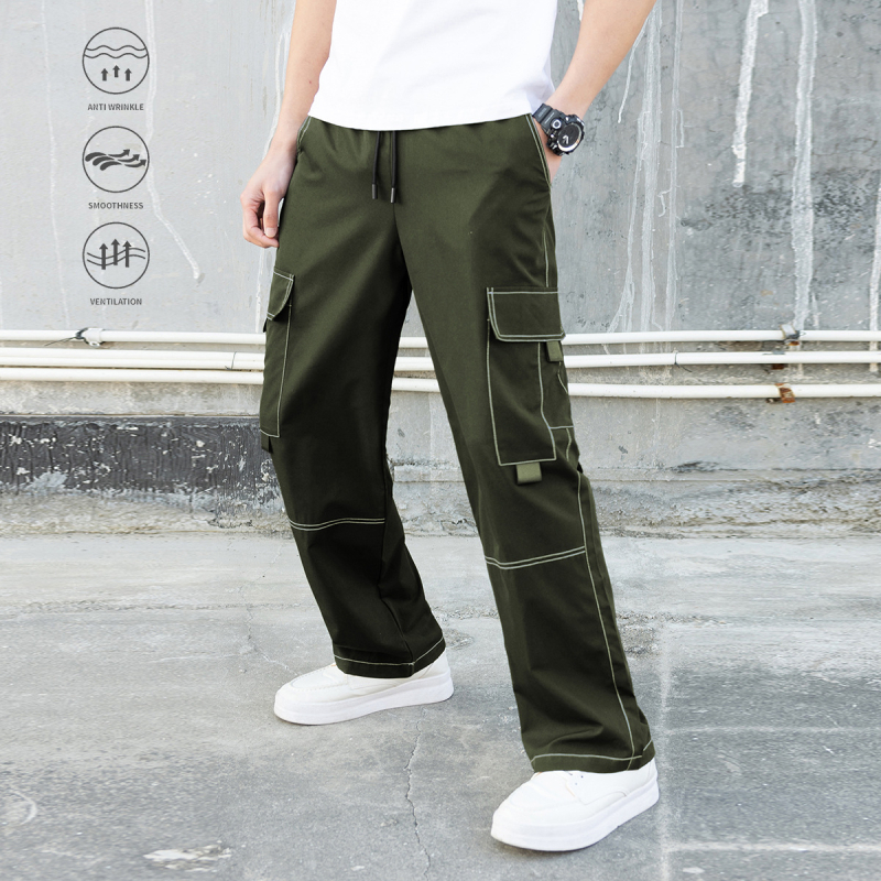 Korėjietiško stiliaus laisvos tiesios darbo kelnes, 100% poliesteris, raištelių užsegimas, ilgos kelnes
