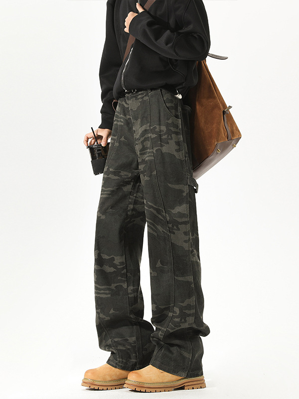 Vyrinės tiesios kelnės su kamufliažu raštu, medvilnė, vidutinio juosmens, šiek tiek elastinės