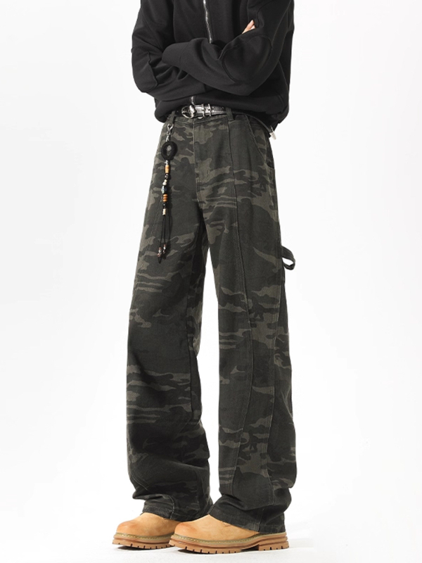 Vyrinės tiesios kelnės su kamufliažu raštu, medvilnė, vidutinio juosmens, šiek tiek elastinės