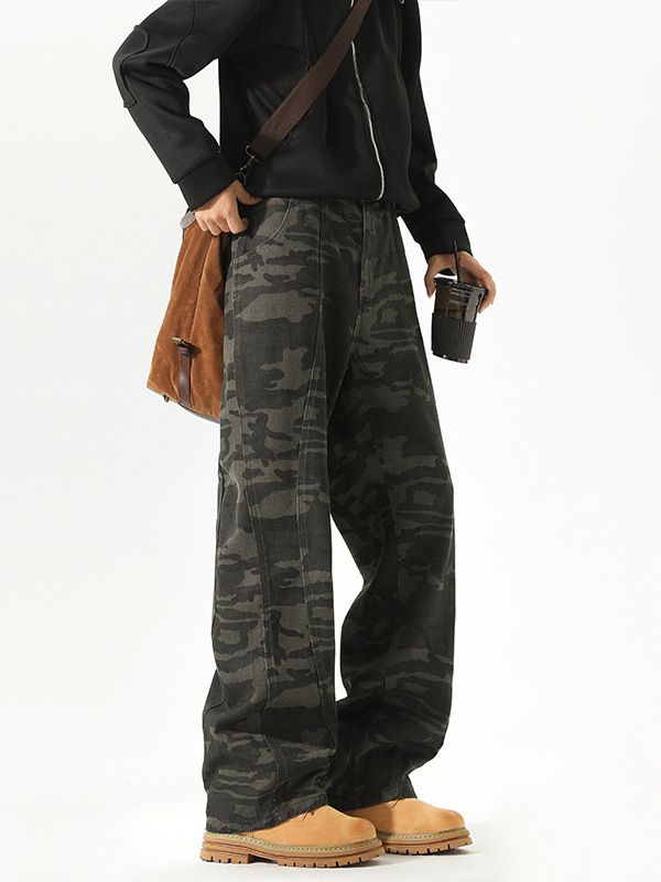 Vyrinės tiesios kelnės su kamufliažu raštu, medvilnė, vidutinio juosmens, šiek tiek elastinės