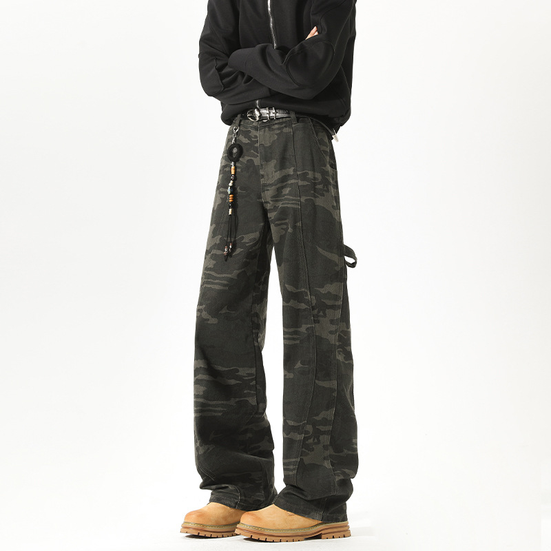 Vyrinės tiesios kelnės su kamufliažu raštu, medvilnė, vidutinio juosmens, šiek tiek elastinės