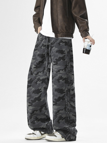 Ανδρικά casual παντελόνια με καμουφλάζ, χαλαρή ίσια γραμμή, κορδόνι στη μέση, ύφασμα denim-βαμβάκι-πολυεστέρας, κατάλληλα για τέσσερις εποχές