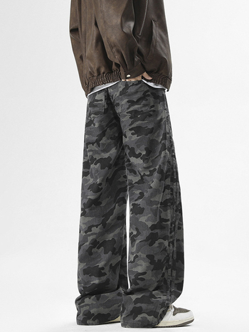 Ανδρικά casual παντελόνια με καμουφλάζ, χαλαρή ίσια γραμμή, κορδόνι στη μέση, ύφασμα denim-βαμβάκι-πολυεστέρας, κατάλληλα για τέσσερις εποχές