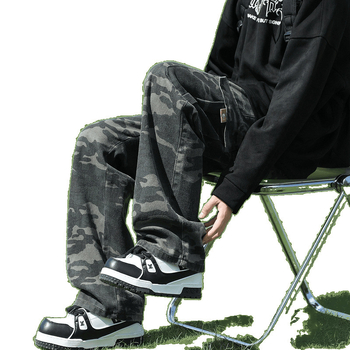 Ανδρικά παντελόνια cargo με patch τσέπες, καμουφλαρισμένο μοτίβο, ίσιο κόψιμο, φλις επένδυση, διπλή μέση, για όλες τις εποχές