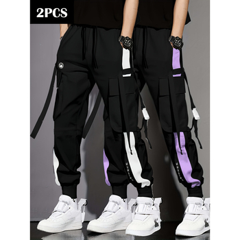 Casual cargo παντελόνια με πολλές τσέπες, ελαστική μέση, επένδυση φλίς, μακριά, χαλαρή γραμμή