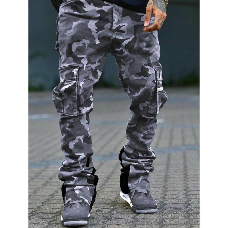 Unisex kamufliažinės cargos kelnės, Capri ilgis, aukštas liemuo, tiesus kirpimas, hip-hop stilius