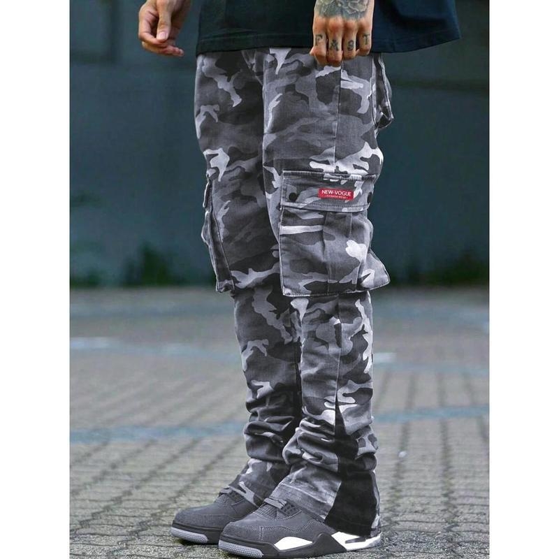 Unisex kamufliažinės cargos kelnės, Capri ilgis, aukštas liemuo, tiesus kirpimas, hip-hop stilius