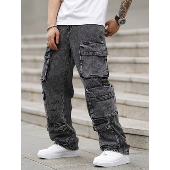 Pantaloni cargo pentru bărbați cu buzunare multiple, din amestec denim-bumbac, talie elastică, căptușeală fleece, croială lejeră