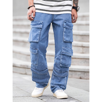 Ανδρικά cargo παντελόνια με πολλές τσέπες, μίξη denim και βαμβάκι, ελαστική μέση, επένδυση φλίς, χαλαρή γραμμή