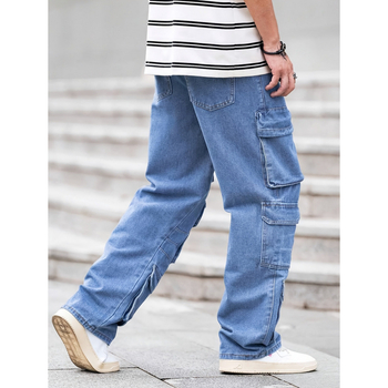 Ανδρικά cargo παντελόνια με πολλές τσέπες, μίξη denim και βαμβάκι, ελαστική μέση, επένδυση φλίς, χαλαρή γραμμή