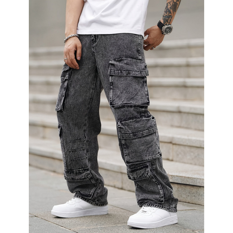 Pantaloni cargo pentru bărbați cu buzunare multiple, din amestec denim-bumbac, talie elastică, căptușeală fleece, croială lejeră