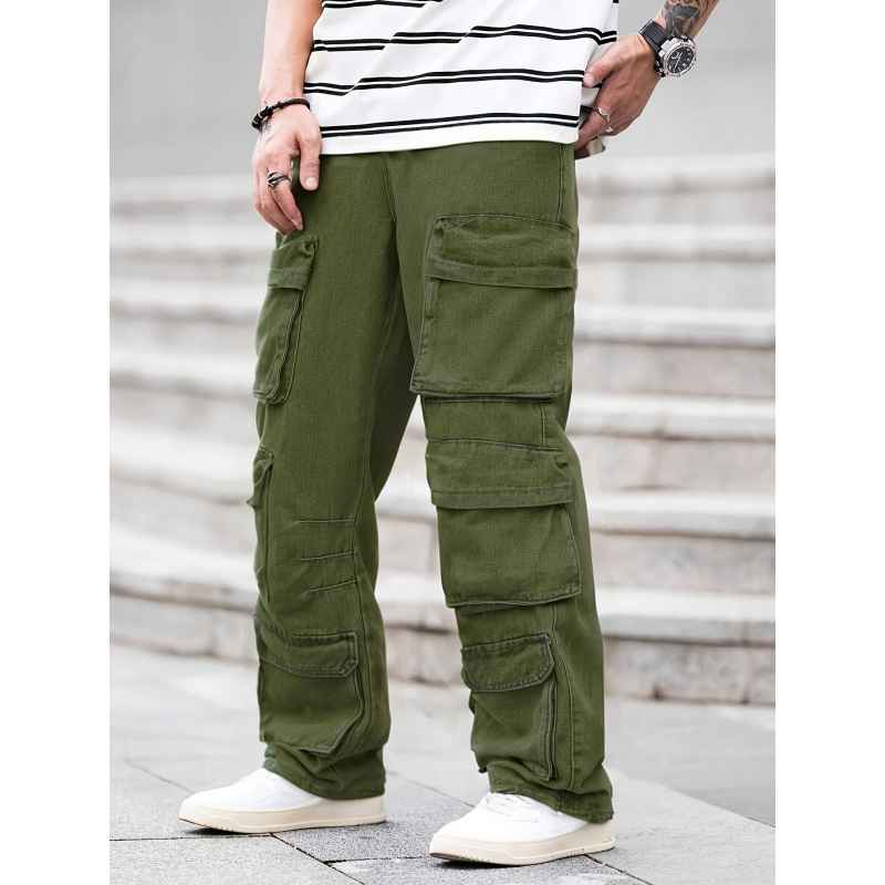 Pantaloni cargo pentru bărbați cu buzunare multiple, din amestec denim-bumbac, talie elastică, căptușeală fleece, croială lejeră