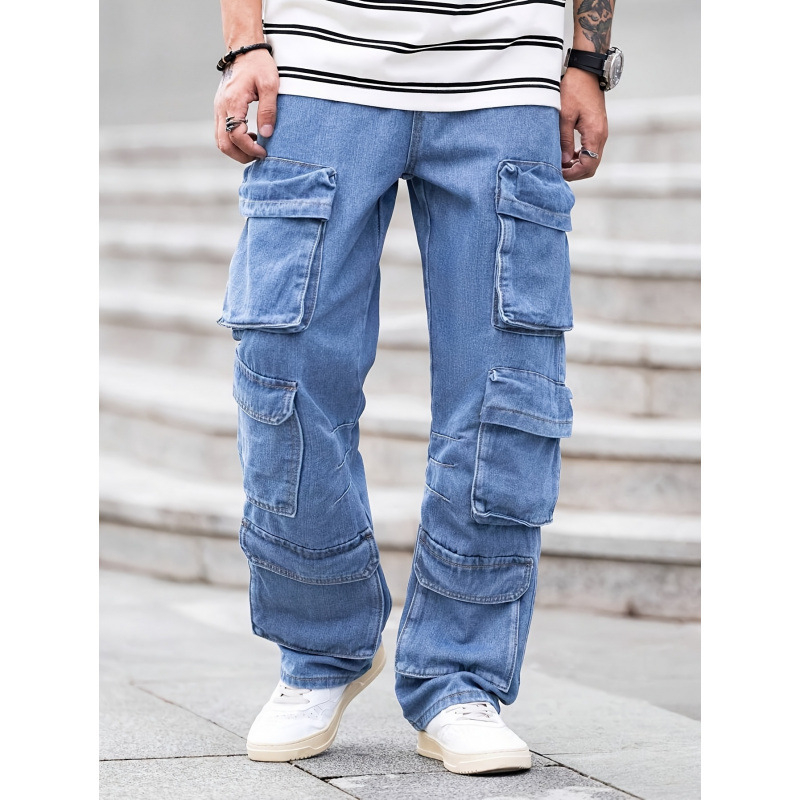 Pantaloni cargo pentru bărbați cu buzunare multiple, din amestec denim-bumbac, talie elastică, căptușeală fleece, croială lejeră