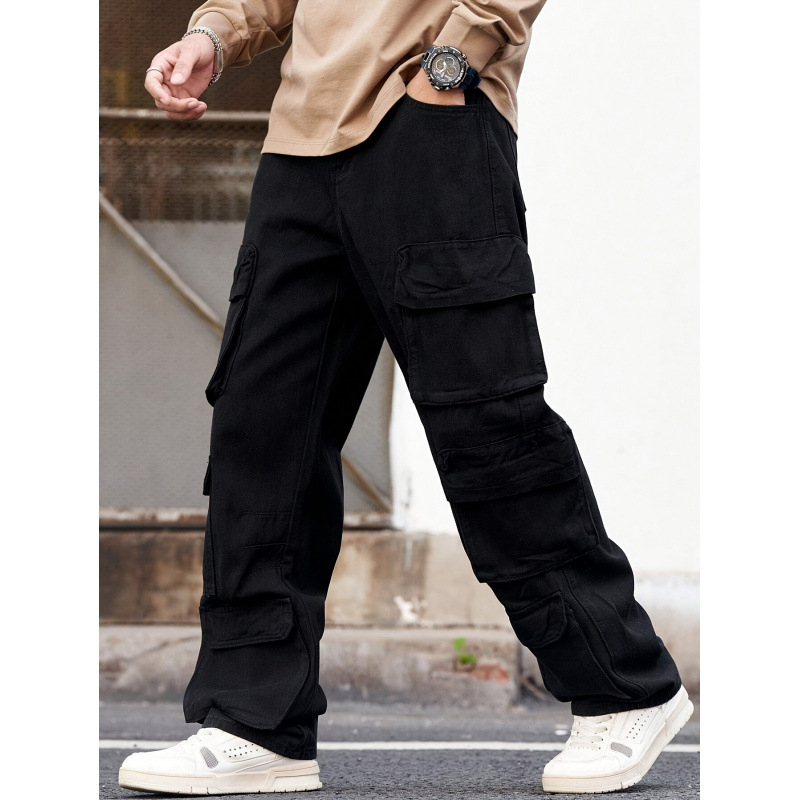 Pantaloni cargo pentru bărbați cu buzunare multiple, din amestec denim-bumbac, talie elastică, căptușeală fleece, croială lejeră